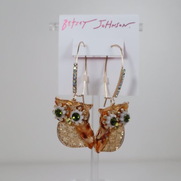 BETSEY JOHNSON Crystal Owl Gold Tone Glitter Hook/Drop Earrings NWT - Picture 2 of 3